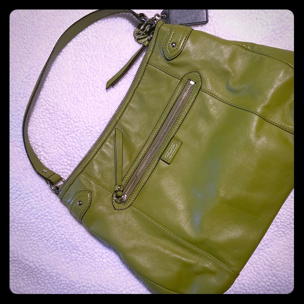 Coach leather over the shoulder tote, olive green